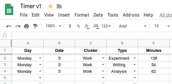 Timer's Primary Spreadsheet